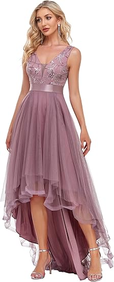 Women's V Neck Pleated Waist Short Sleeve Prom Dresses